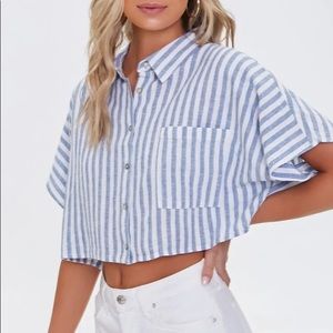 Forever 21 Blue & White Striped Linen-Blend Shirt Small